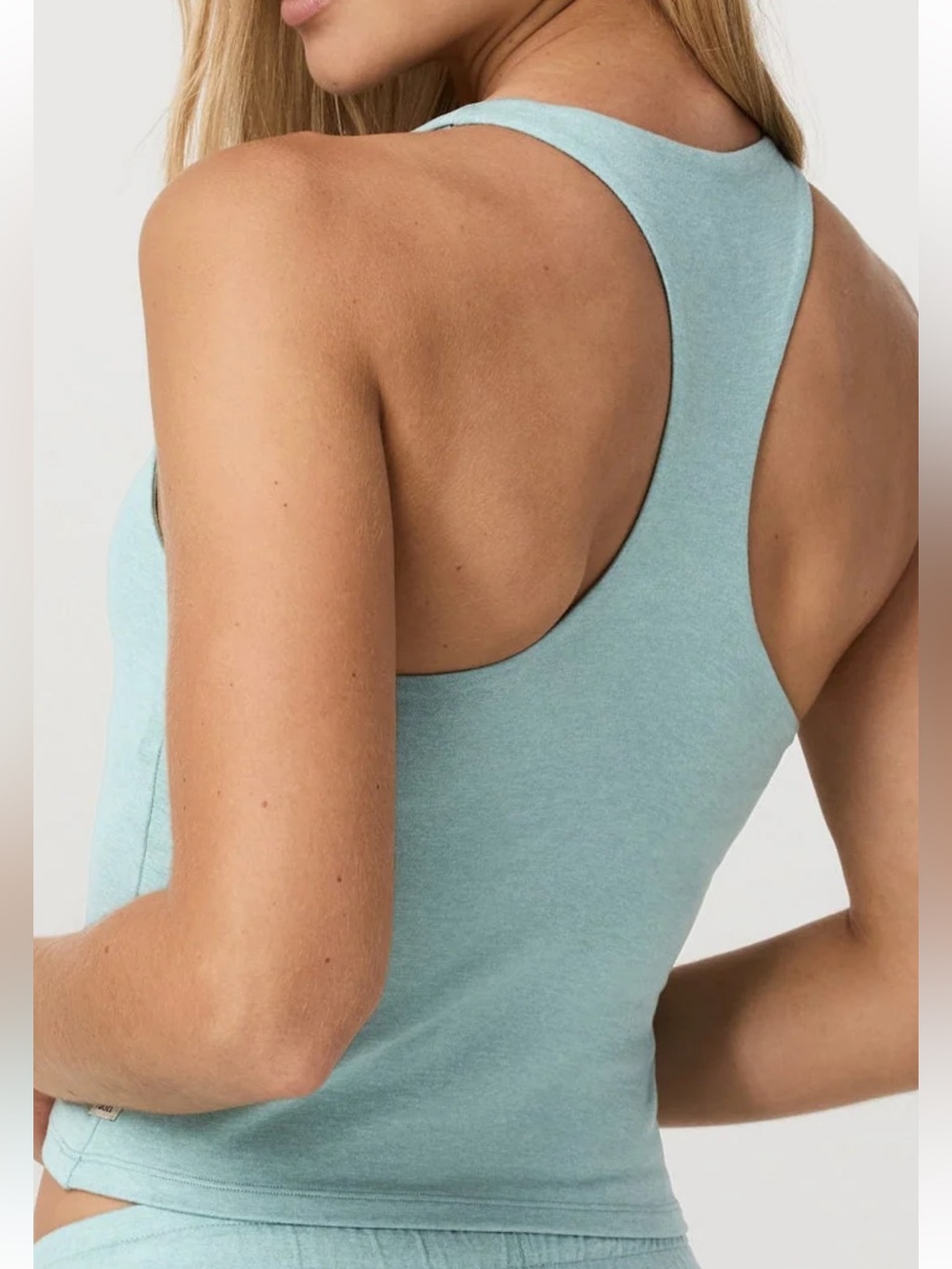 VUORI Halo Performance Crop Racerback Tank 2.0 in Sea Glass Heather - Picture 4 of 7